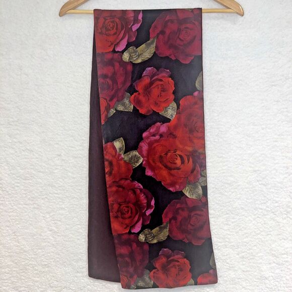 Red Rose & Burgundy Velvet Women's Scarf  Romantic Old World Style 55L X 10 1/4W - Picture 10 of 16